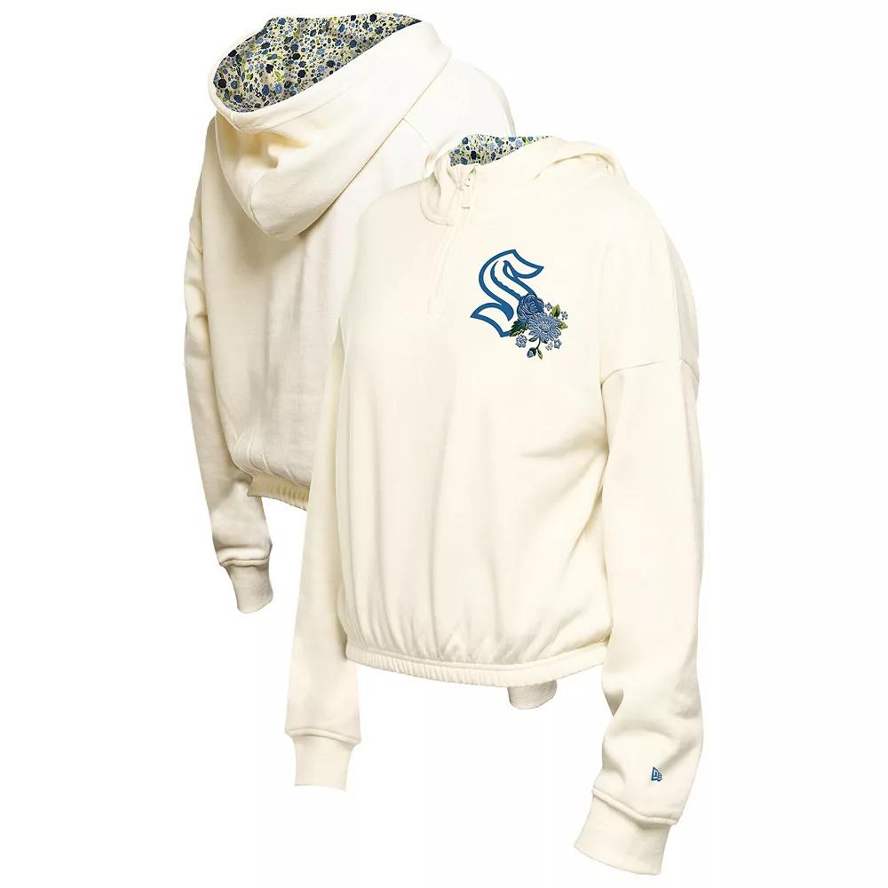 Women's New Era Cream Seattle Kraken Glam Game Quarter-Zip Cropped Floral Hoodie Pullover, Size: XL, Krk Beige Product Image