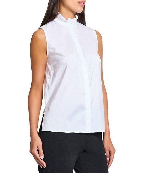 Ming Wang x Tanya Foster Stretch Cotton Mock Ruffle Neck Sleeveless Blouse Product Image