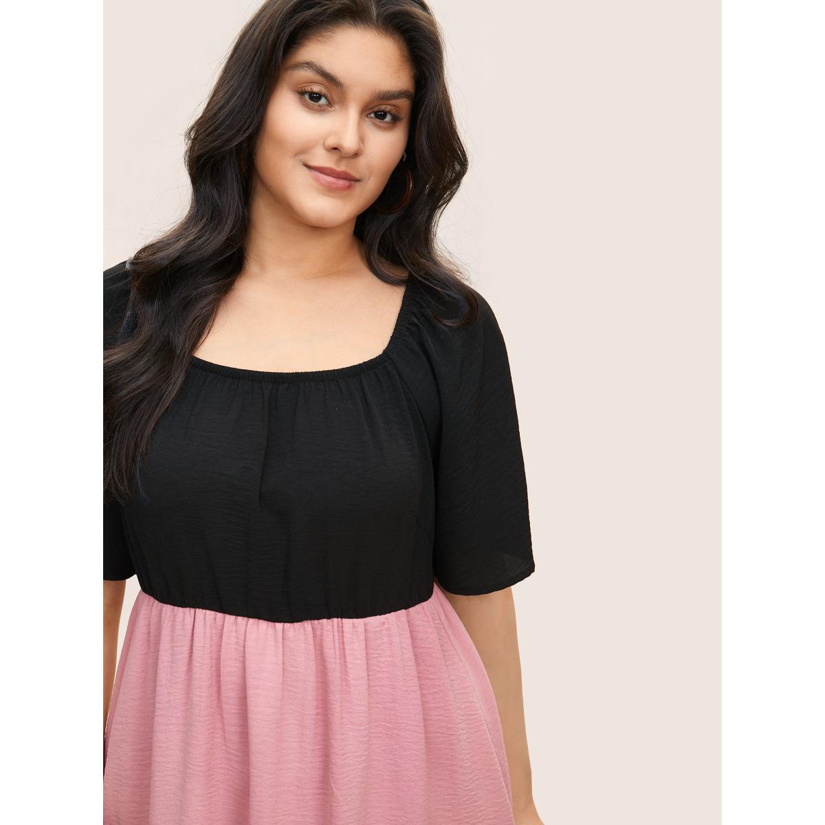 Plus Size Colorblock Contrast Patchwork Gathered Raglan Sleeve Dress Black Women Casual Non Square Neck Short sleeve Curvy Midi Dress BloomChic 10/M Product Image