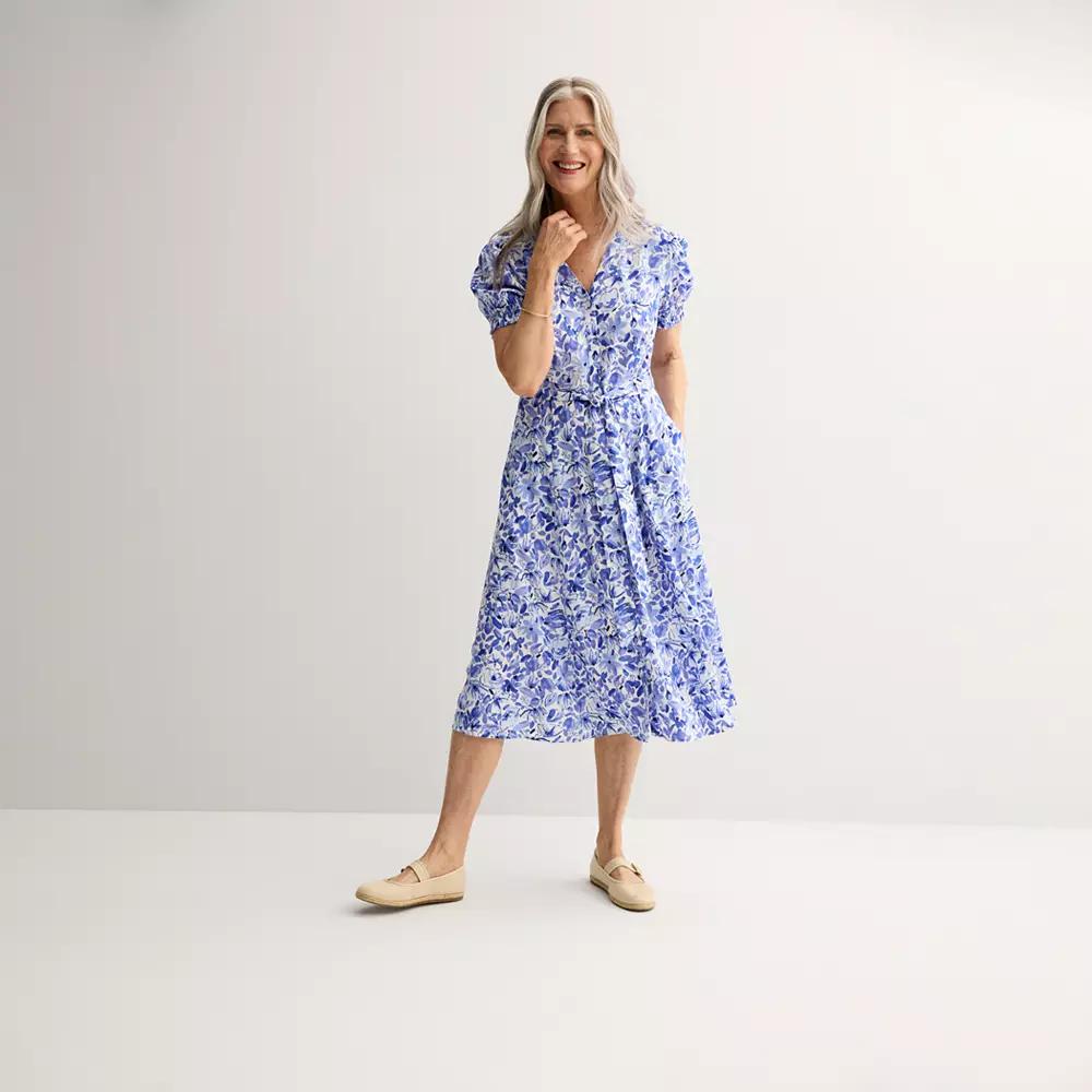 Petite Croft & Barrow® Button Front V-Neck Dress, Women's, Size: Small Petite, Blue Posy Floral Product Image