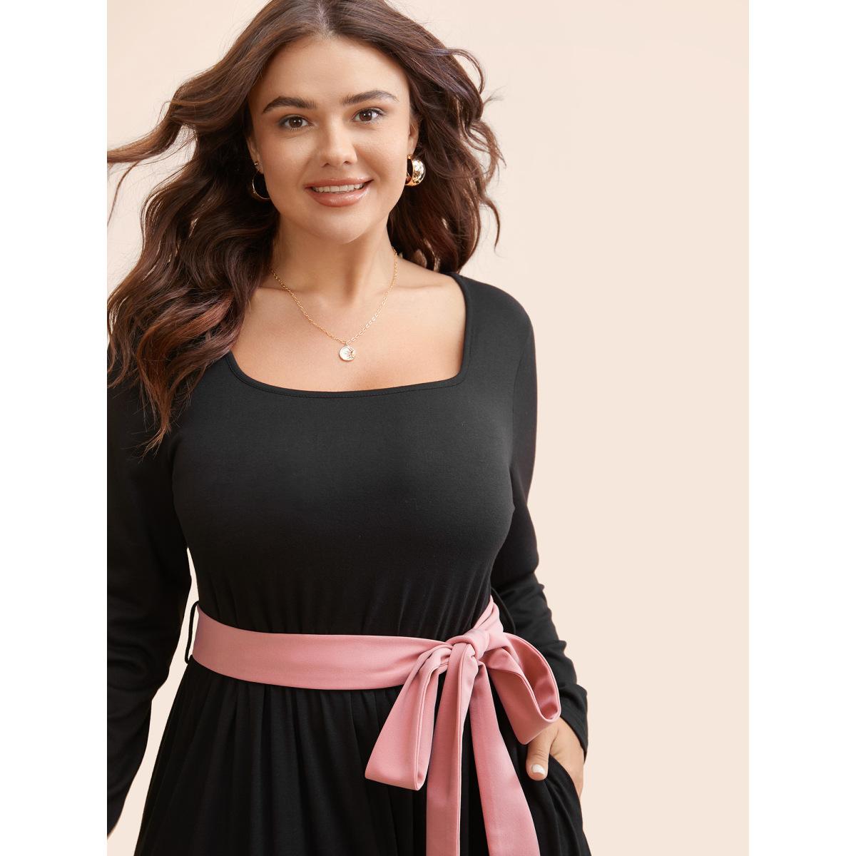 Plus Size Two Tone Belted Bowknot Square Neck Dress Black Women Timeless Non Square Neck Long Sleeve Curvy Knee Dress BloomChic 12/L Product Image