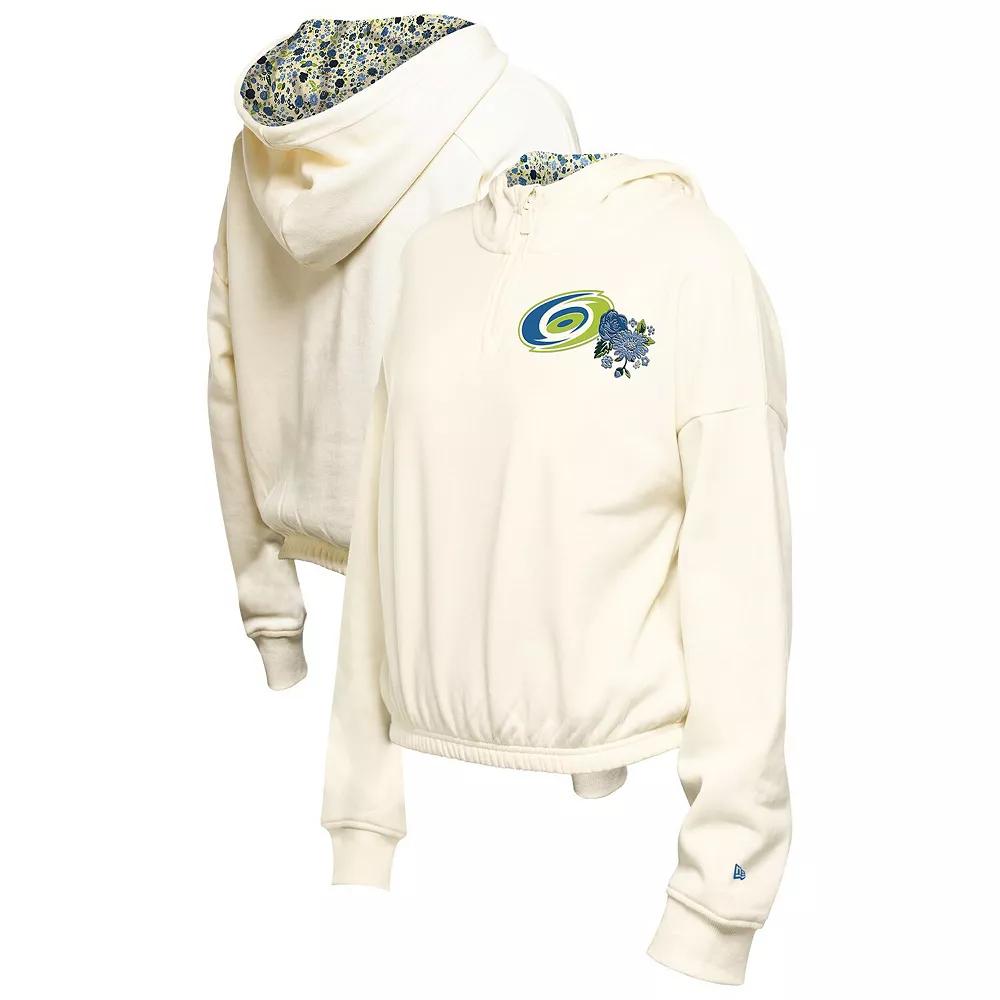 Women's New Era Cream Carolina Hurricanes Glam Game Quarter-Zip Cropped Floral Hoodie Pullover,  Product Image