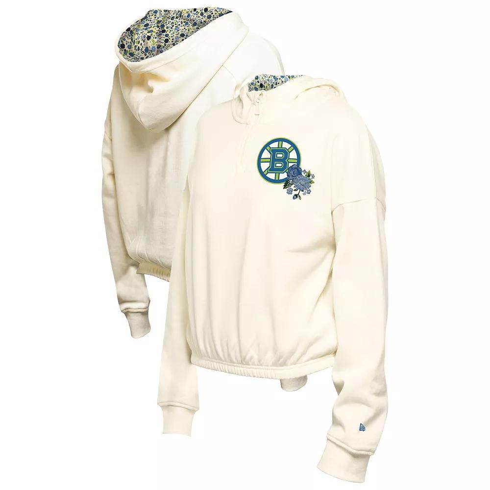 Women's New Era Cream Boston Bruins Glam Game Quarter-Zip Cropped Floral Hoodie Pullover,  Product Image