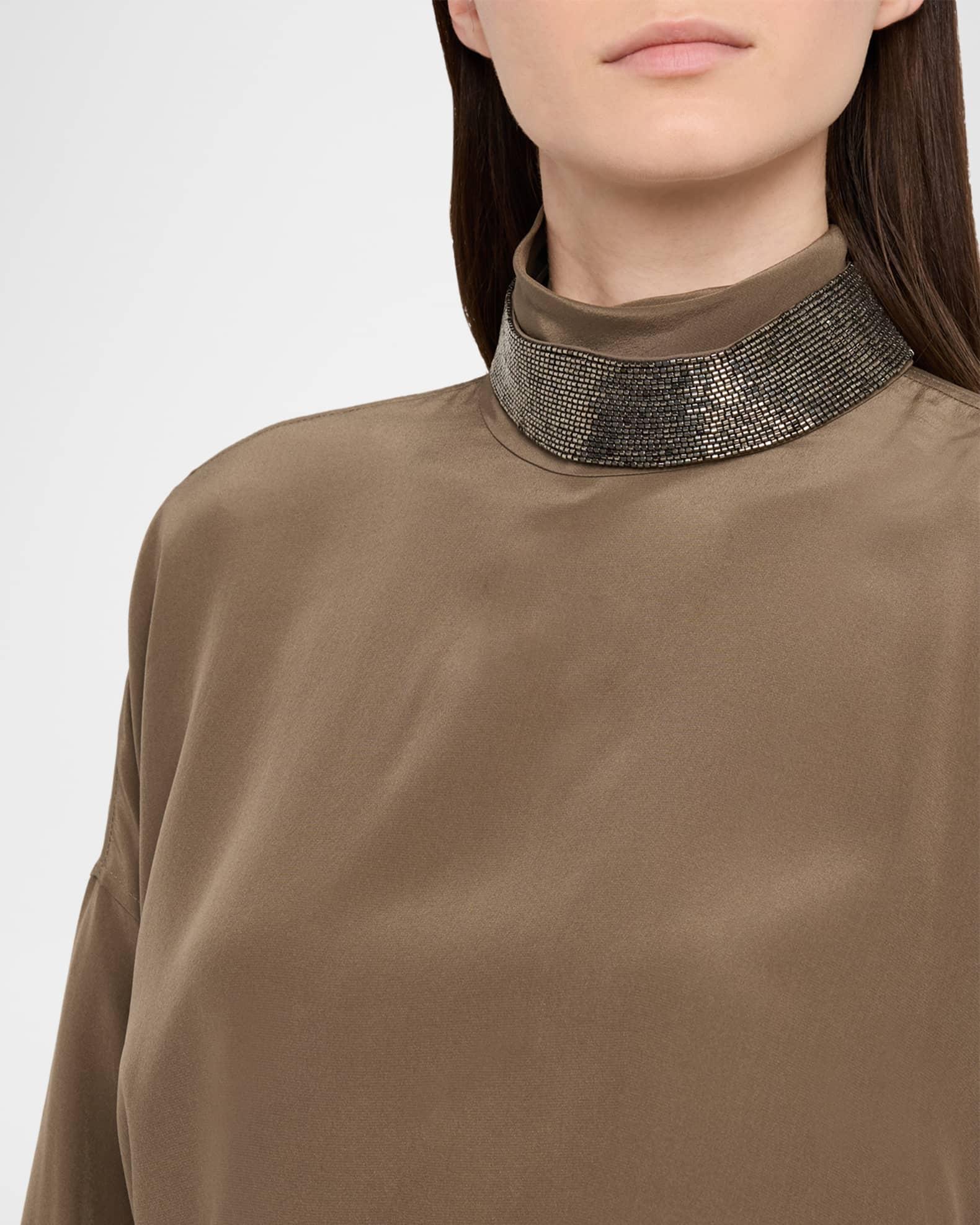 Crepe De Chine Long-Sleeve Blouse With Removable Thick Monili Collar Product Image