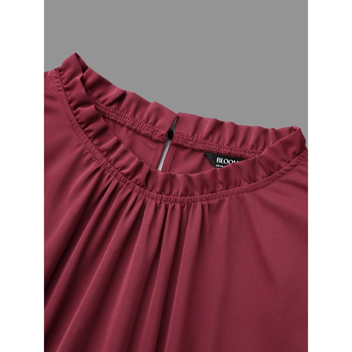 Plus Size Mock Neck Frill Trim Pleated Dress Burgundy Women At the Office Gathered Mock Neck Long Sleeve Curvy BloomChic 26/4X Product Image