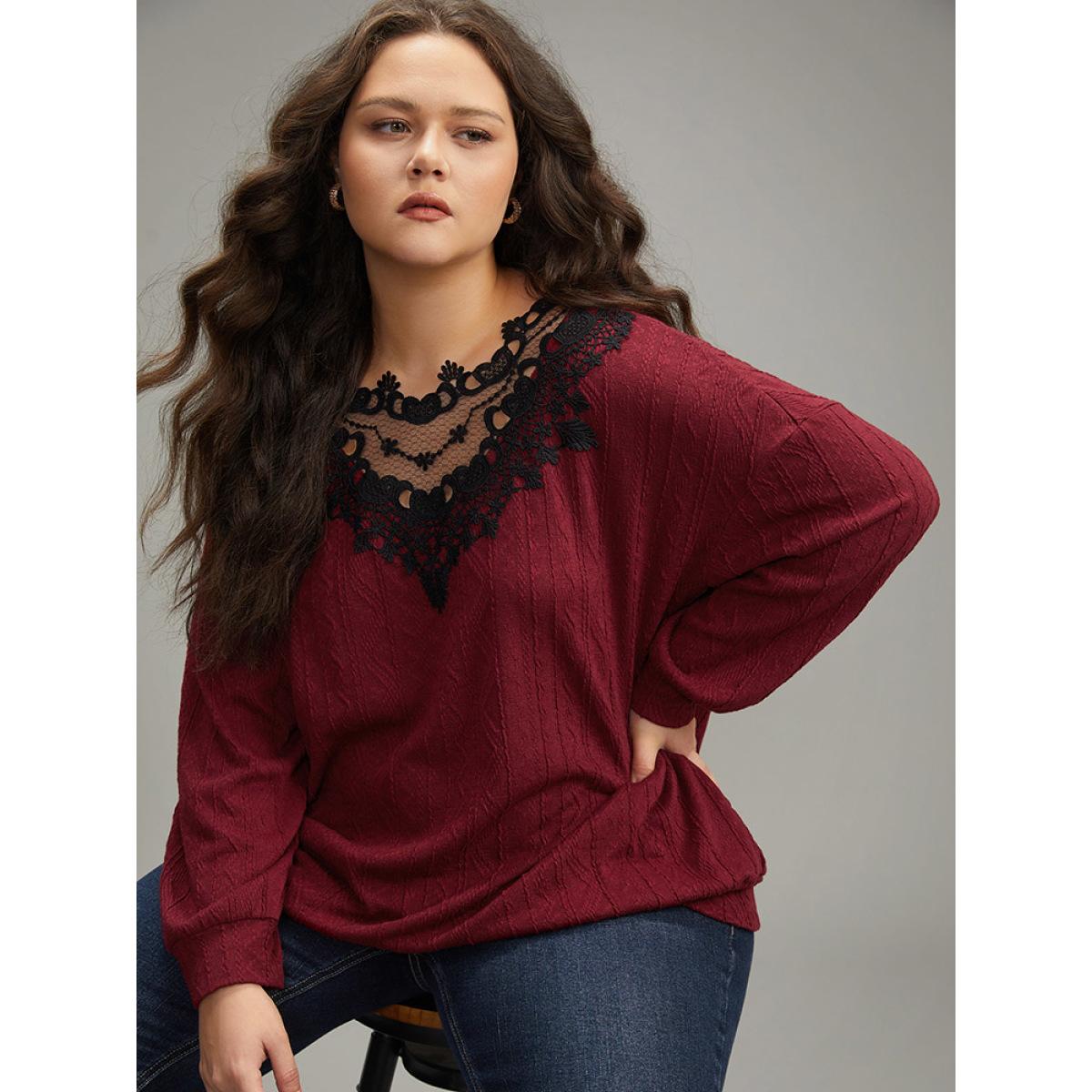 Plus Size Plain Textured Patchwork Lace Panel Sweatshirt Women Scarlet Elegant Elastic cuffs Round Neck Everyday Sweatshirts BloomChic 18-20/2X Product Image