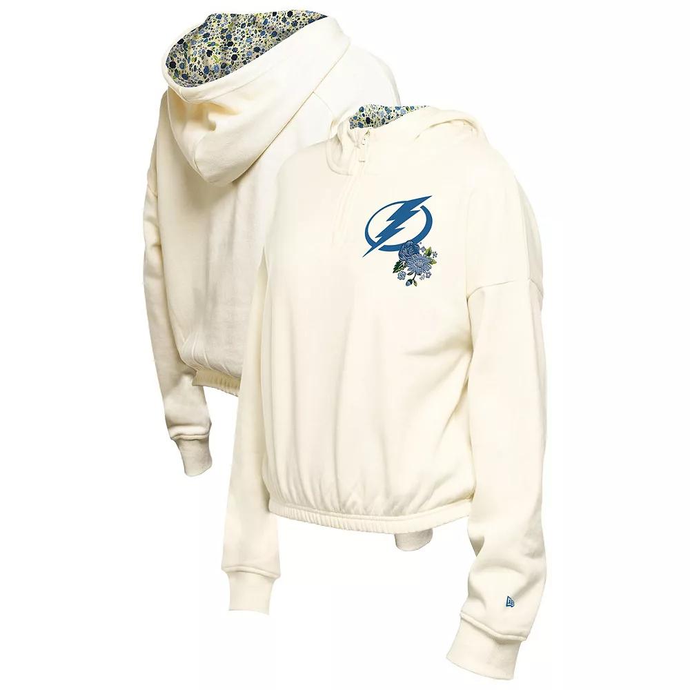 Women's New Era Cream Tampa Bay Lightning Glam Game Quarter-Zip Cropped Floral Hoodie Pullover,  Product Image