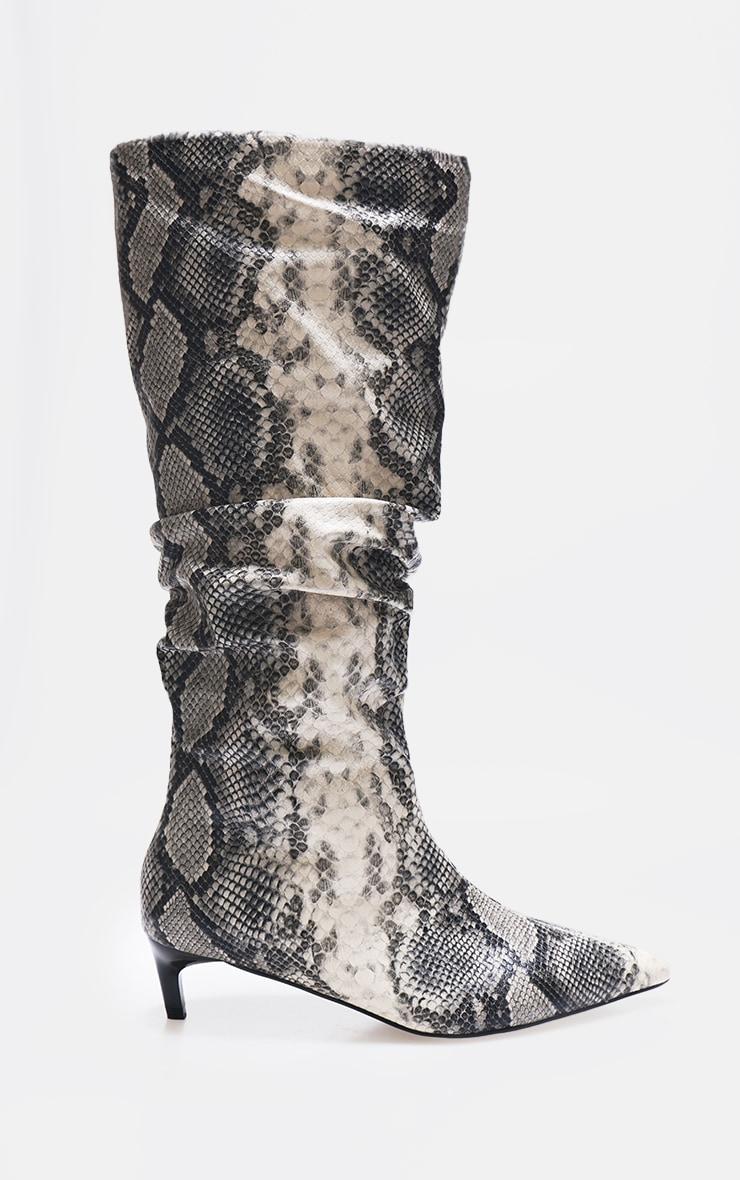 Snake Print PU Wide Fit Gathered Low Heel Knee High Boots Product Image