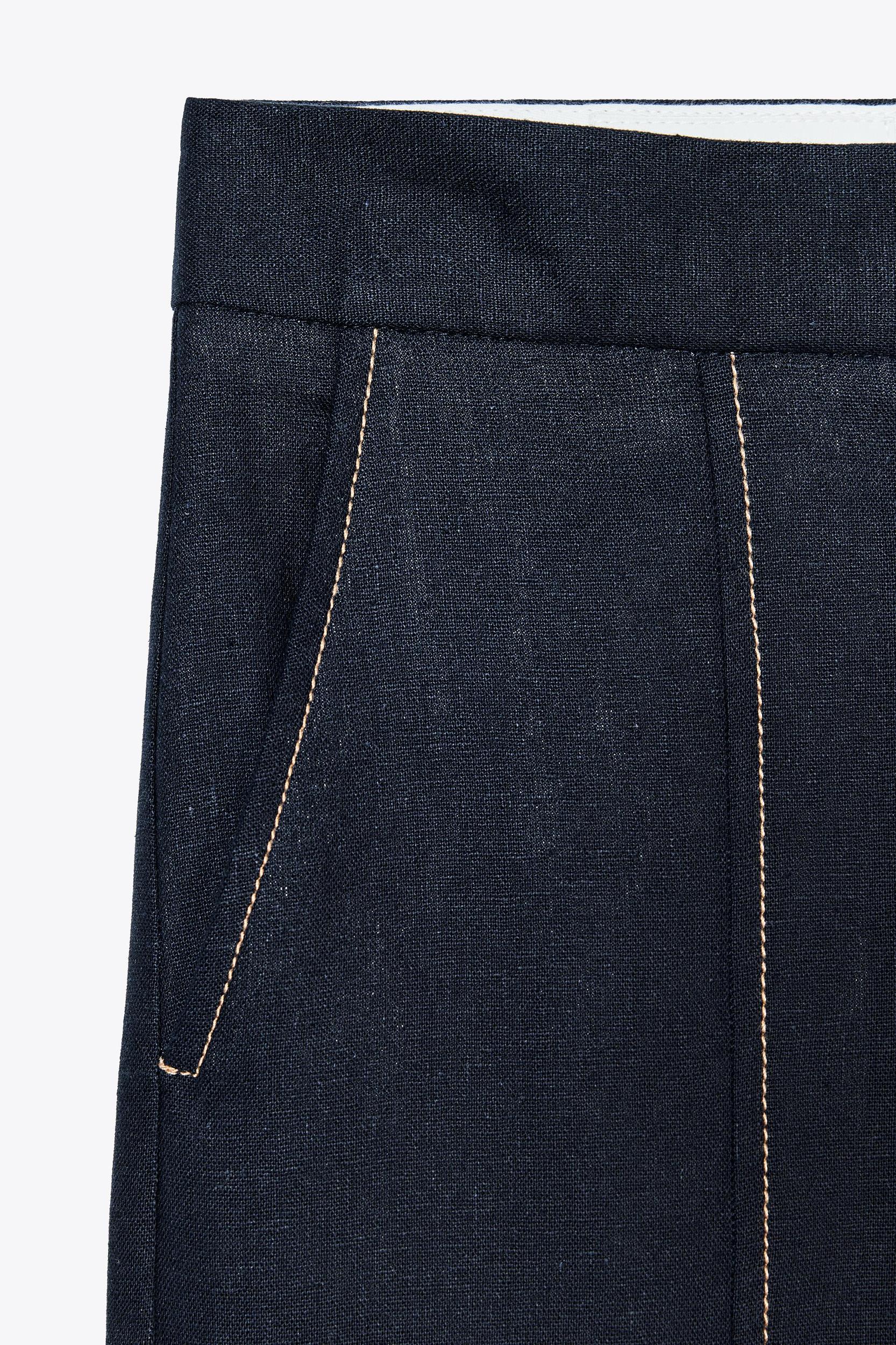 STRAIGHT FIT LINEN PANTS WITH TOPSTITCHING Product Image