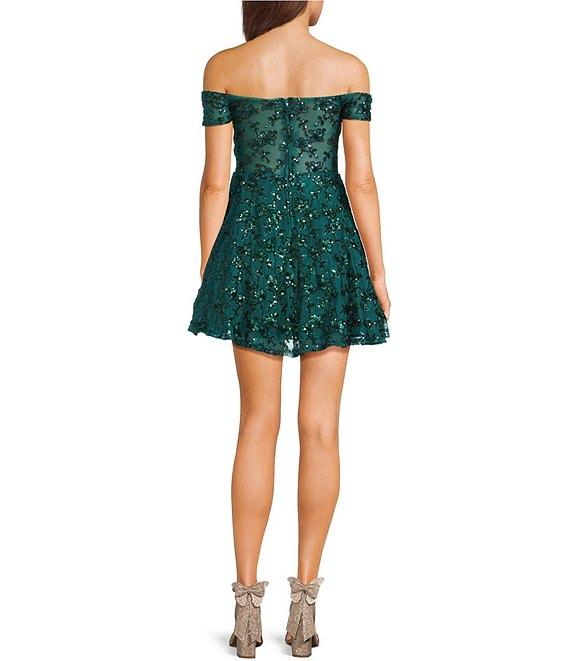 B. Darlin Sequin Off-The-Shoulder Lace Corset Fit & Flare Dress Product Image