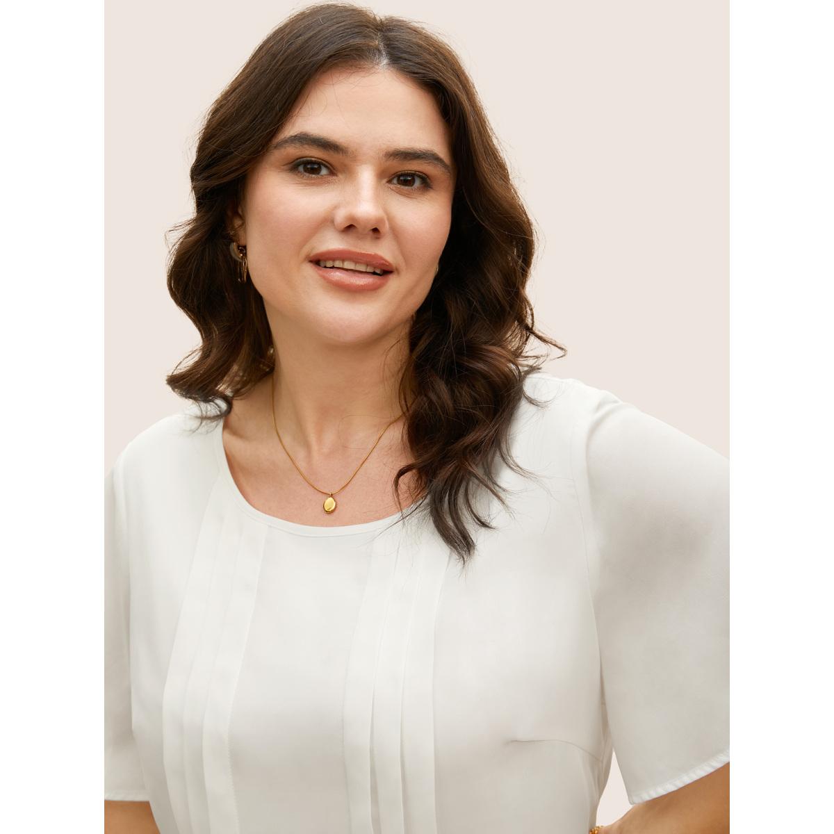 Plus Size Ivory Tiered Mesh Pleated Ruffle Sleeve Blouse Women At the Office Short sleeve Round Neck Work Blouses BloomChic 12/L Product Image