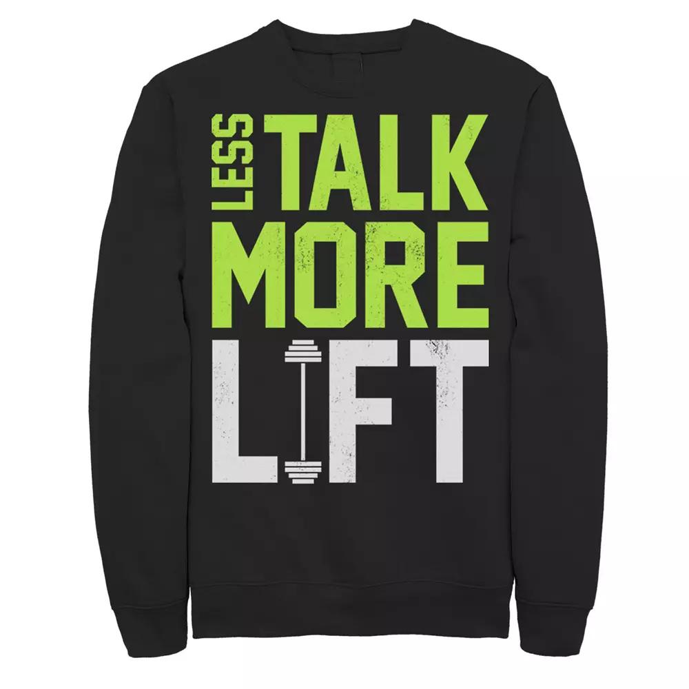 Men's Less Talk More Lift Weight Training Neon Green Graphic Fleece Pullover, Size: XL, Black Product Image
