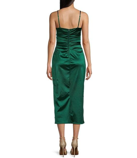 B. Darlin Spaghetti Strap V-Neck Shirred Satin Midi Dress Product Image