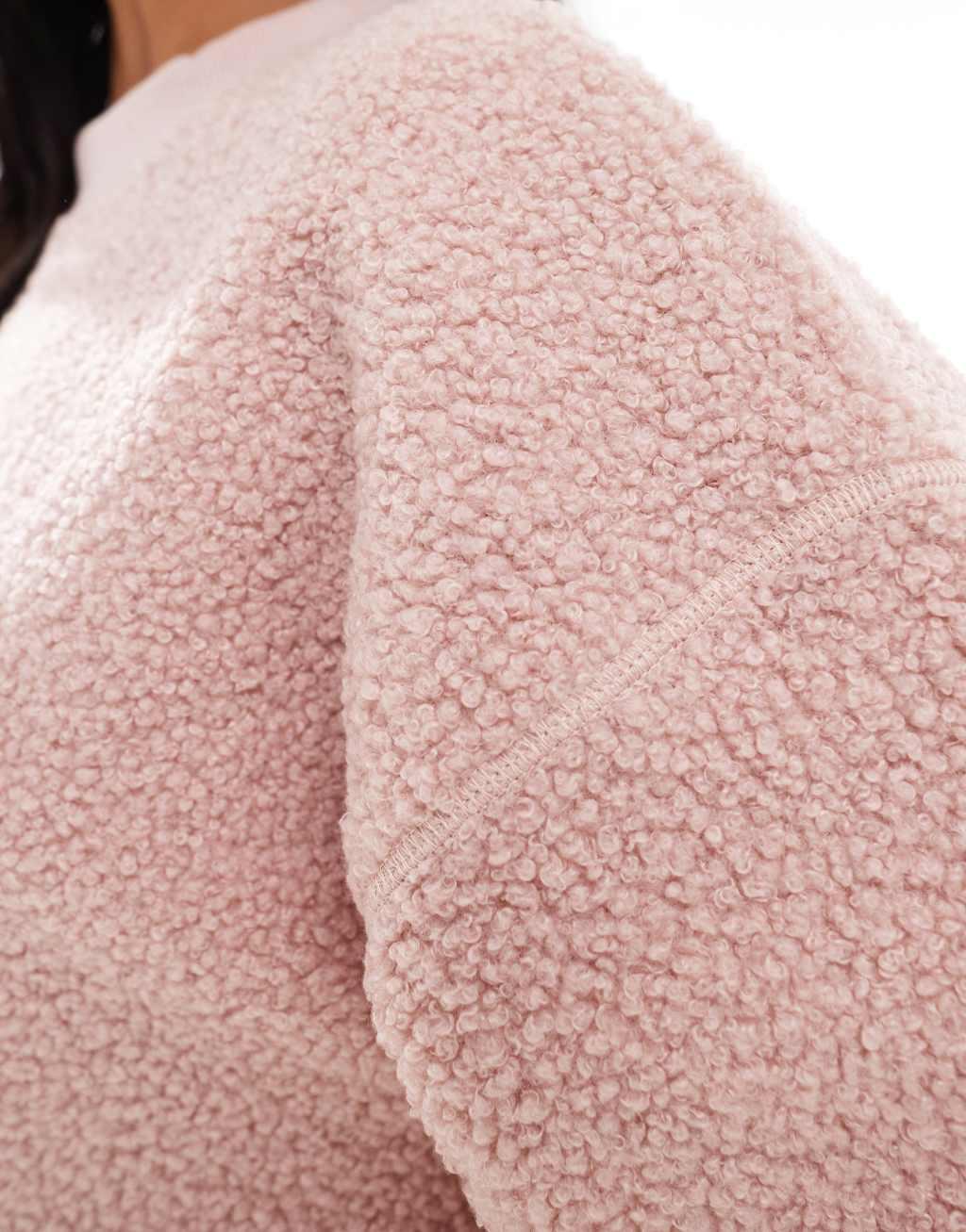 ASOS DESIGN Petite lounge teddy sweatshirt & wide leg pants set in pink Product Image