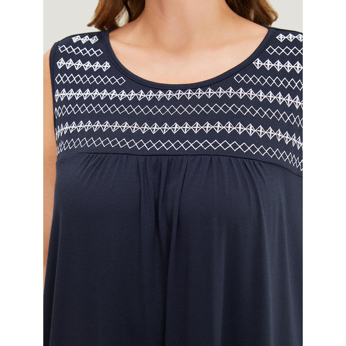 Plus Size Geometric Embroidered Gathered Pocket Tank Dress Navy Women Casual Gathered Round Neck Sleeveless Curvy Midi Dress BloomChic 12/L Product Image