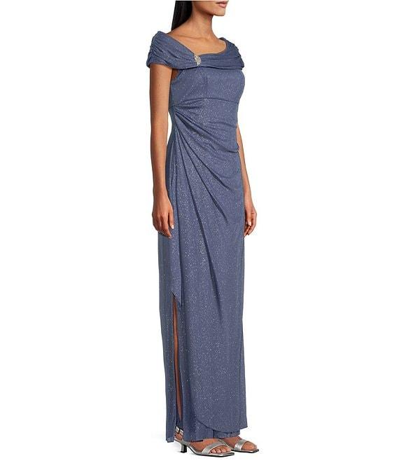 Alex Evenings Embellished Ruched Portrait Neck Cap Sleeve Glitter Mesh Sheath Dress Product Image