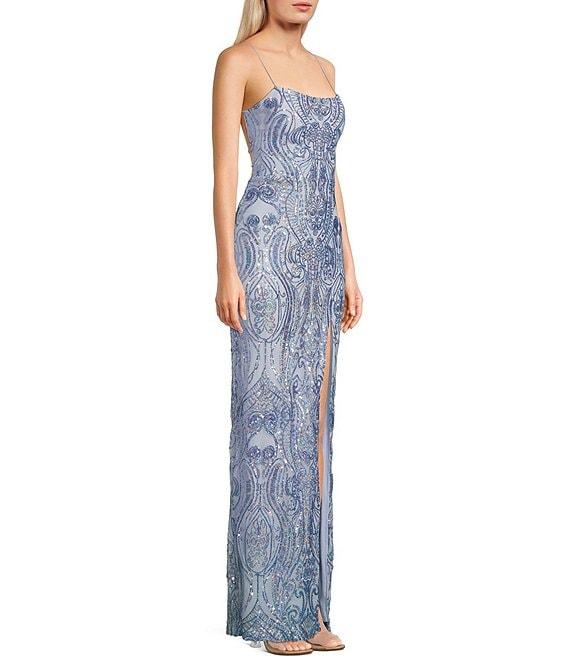 Next Up Printed Sequin Square Neck Front Slit Bungee X-Back Dress Product Image