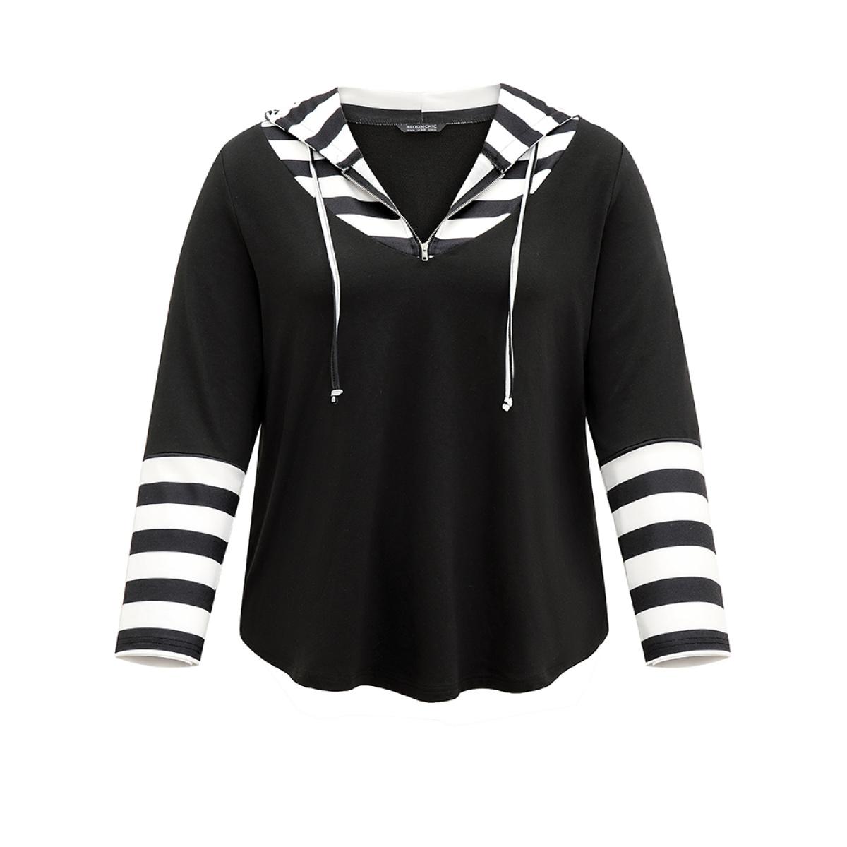 Plus Size Striped Patchwork Hooded Half Zip Sweatshirt Women Black Casual Zipper Hooded Dailywear Sweatshirts BloomChic 30/6X Product Image