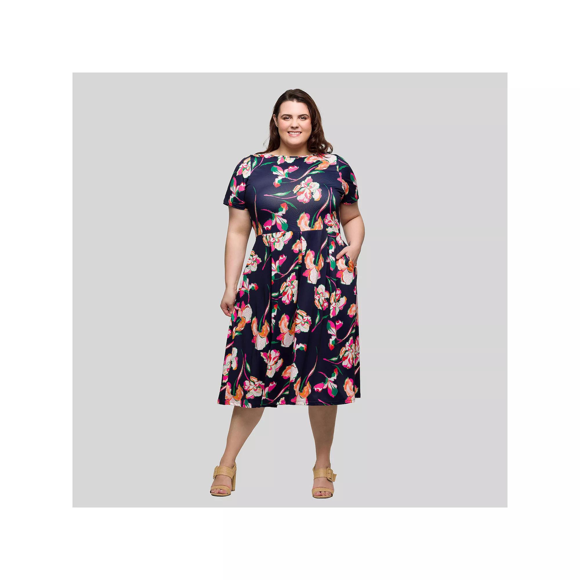 Plus Size 24Seven Comfort Apparel Pleated Flare Midi Pocket Dress, Women's, Size: 1XL, Blue Team Product Image