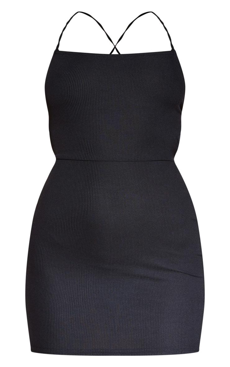 Black Ribbed Lace Up Back Bodycon Dress Product Image