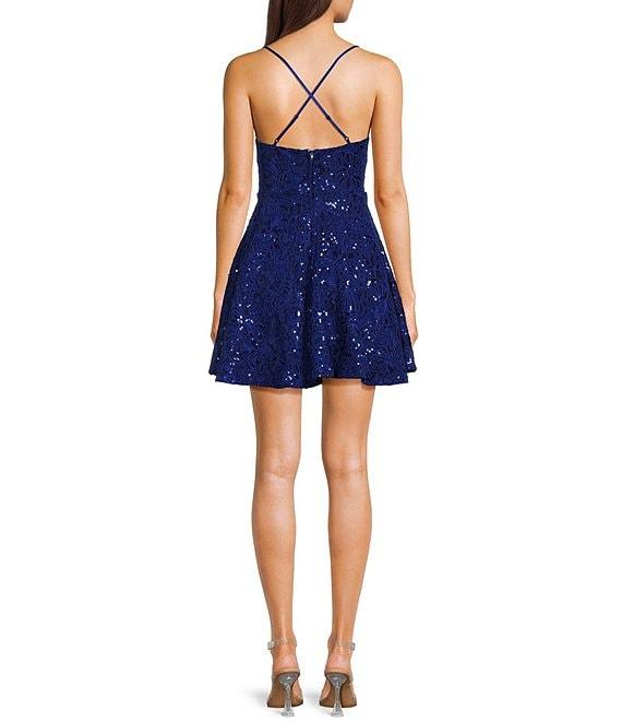 Honey and Rosie Embroidered Sequin Square Neck Spaghetti Strap Criss Cross Back Fit & Flare Dress Product Image