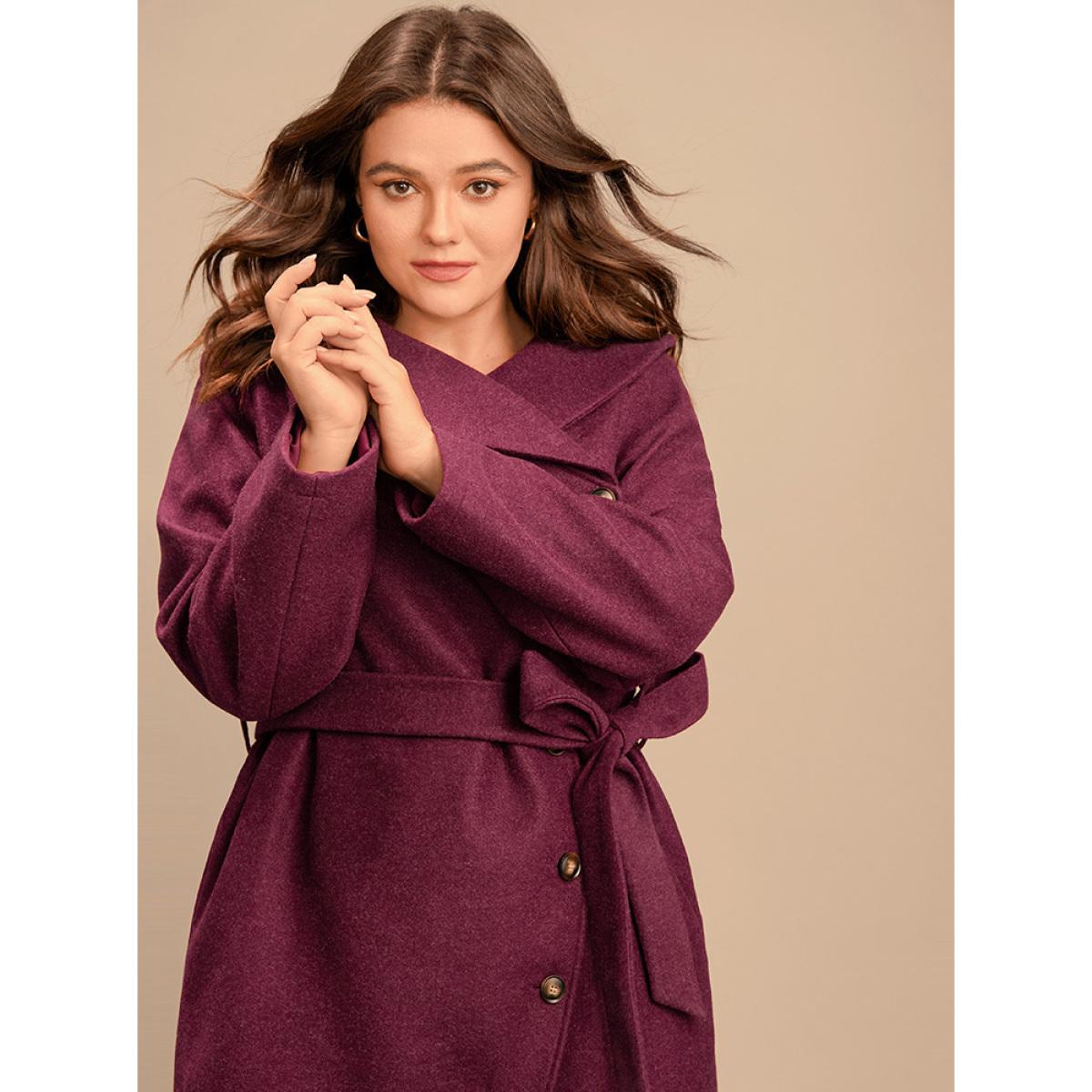 Plus Size Solid Foldover Collar Pocket Asymmetrical Hem Belted Coat Women Burgundy Elegant Cross straps Ladies Dailywear Winter Coats BloomChic 28/5X Product Image