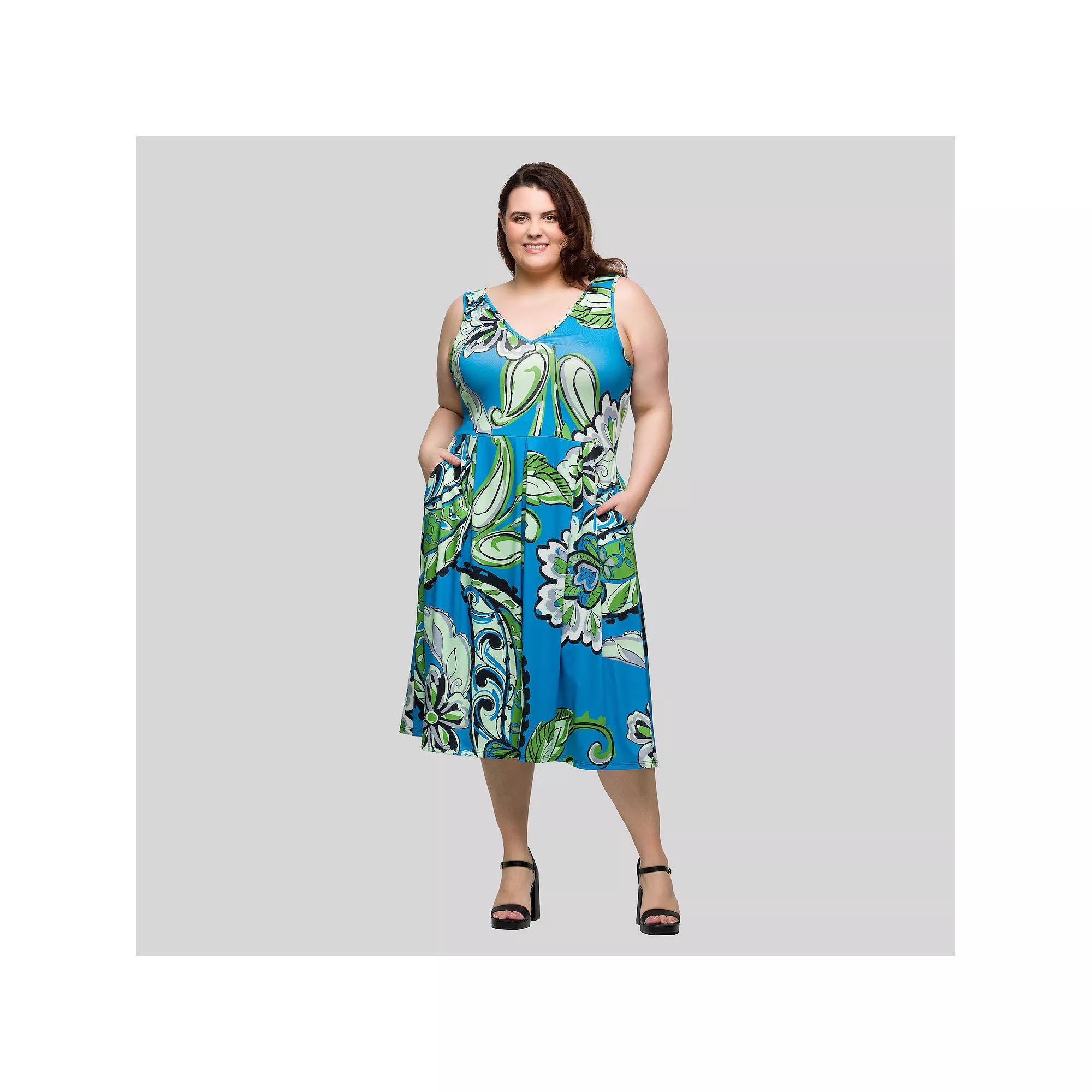 Plus Size 24Seven Comfort Apparel Midi Length Pleated Pocket Dress, Women's, Size: 2XL, Blue Team Product Image