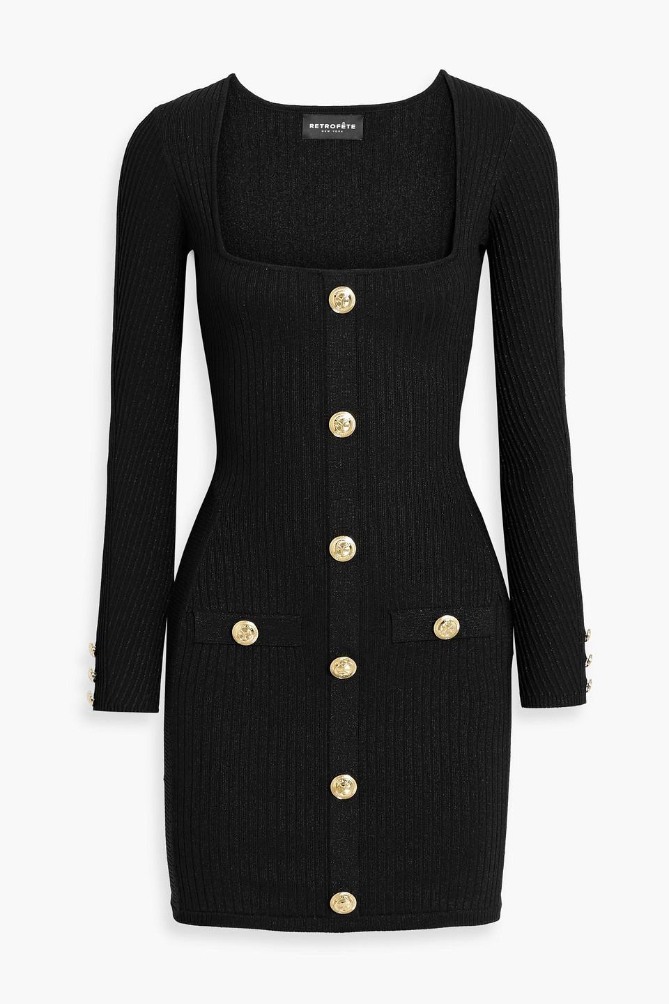 RETROFÉTE Thea Buttoned Rib-knit Mini Dress In Metallic Black Product Image