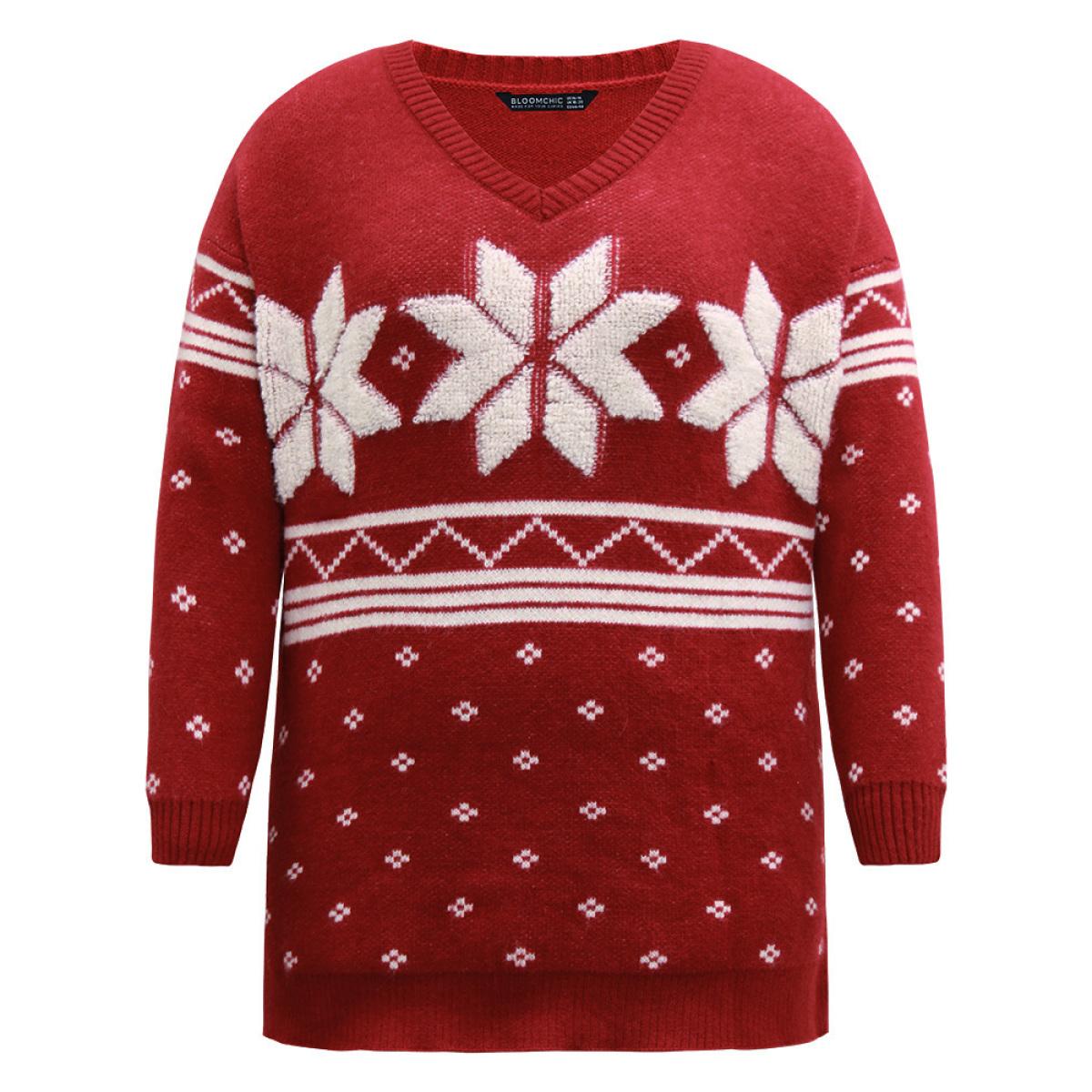 Plus Size Supersoft Essentials Towel Embroidered Snowflake Pullover Scarlet Women Casual Loose Long Sleeve V-neck Festival-Christmas Pullovers BloomChic 18-20/2X Product Image