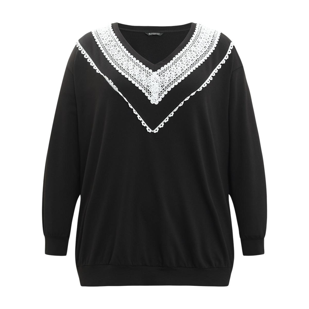 Plus Size Lace Insert V Neck Elastic Cuffs Sweatshirt Women Black Elegant Elastic cuffs V-neck Dailywear Sweatshirts BloomChic 22-24/3X Product Image