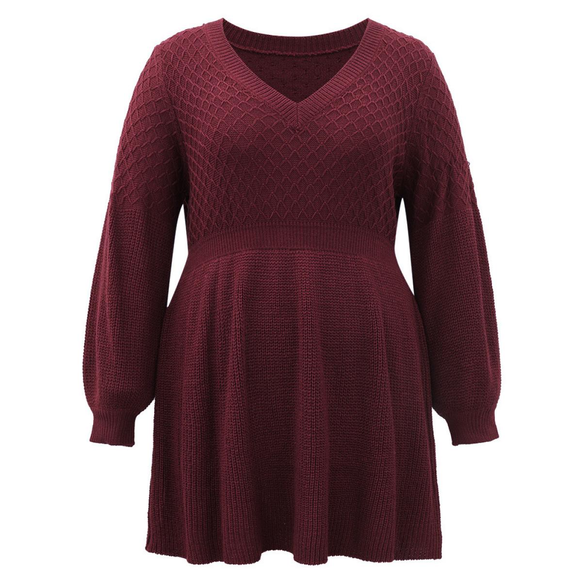 Plus Size Plain Plisse Lantern Sleeve A Line Pullover Scarlet Women Timeless Long Sleeve V-neck Elegant Pullovers BloomChic 28/5X Product Image
