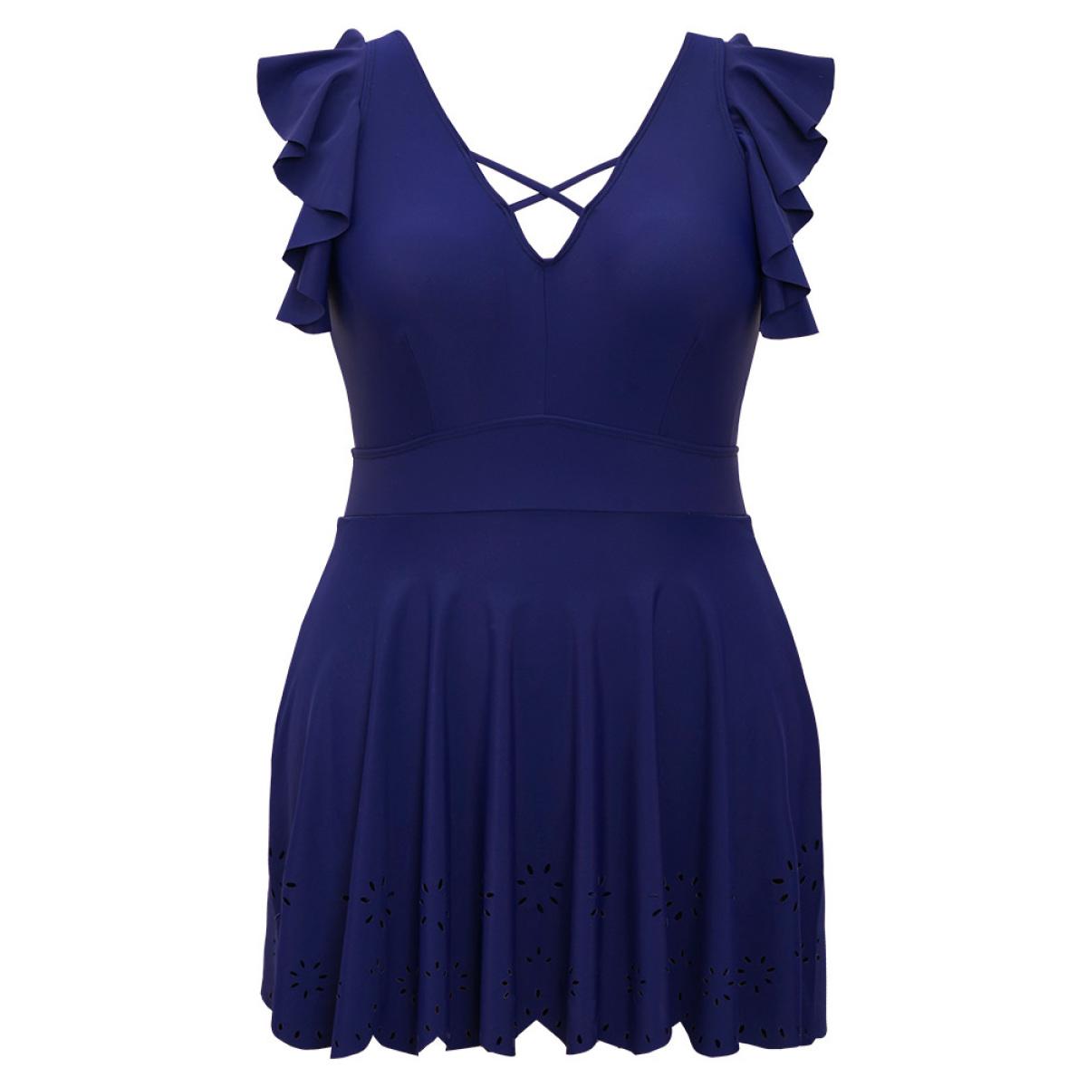 Plus Size Laser Cut Ruffle Trim Crisscross Neck Scalloped Swim Dress Women's Swimwear Indigo Vacation Bodycon V-neck High stretch Curve Swim Dresses BloomChic 14-16/1X Product Image