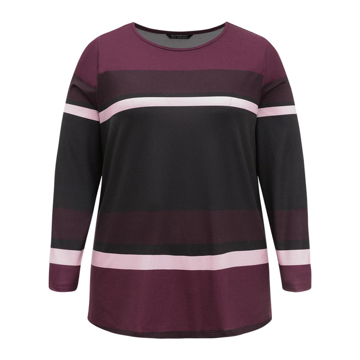Plus Size Striped Colorblock Contrast Round Neck T-shirt Multicolor Women Casual Printed Colorblock Round Neck Dailywear T-shirts BloomChic 30/6X Product Image
