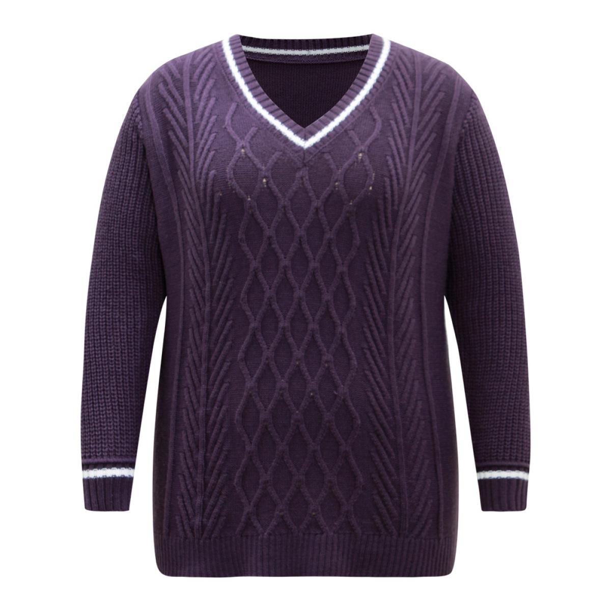 Plus Size Plain Texture Contrast V Neck Cable Knit Pullover Eggplant Women Casual Loose Long Sleeve V-neck Dailywear Pullovers BloomChic 10/M Product Image