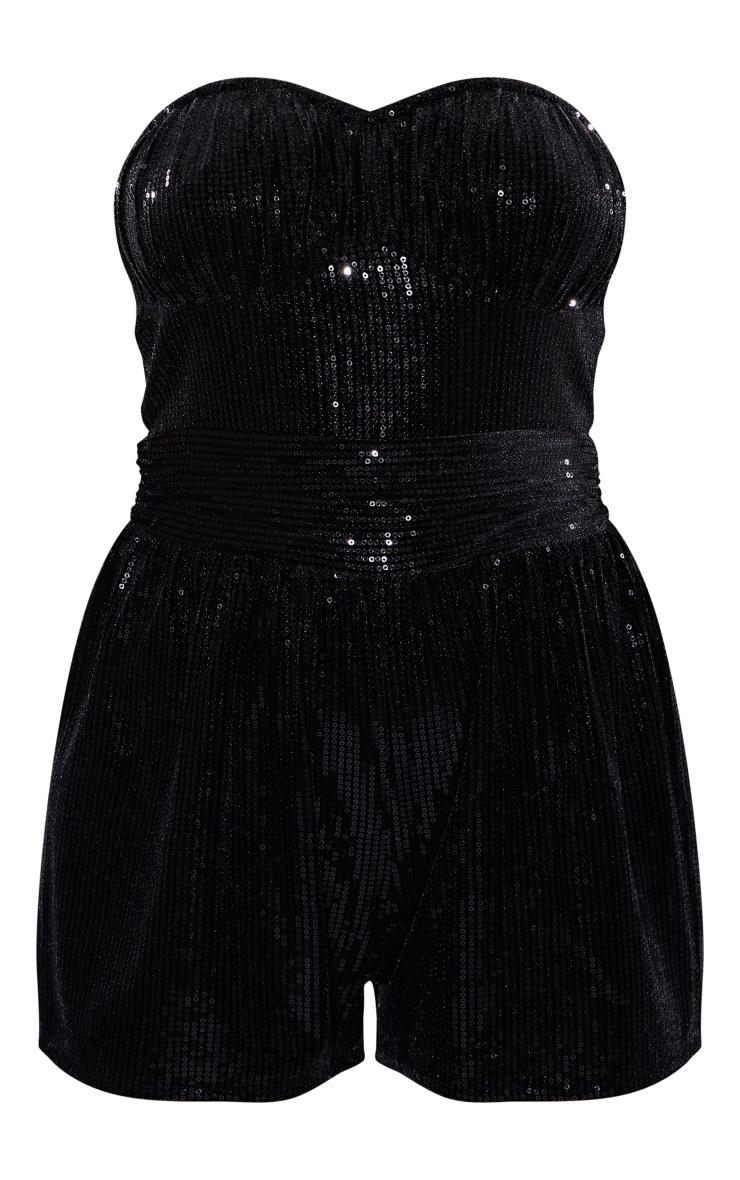 Black Velvet Sequin Bandeau Ruched Bust Romper Product Image