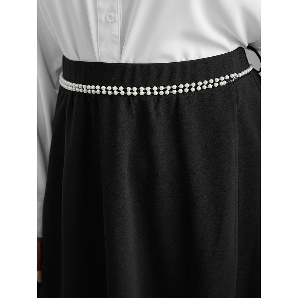 Plus Size Plain Pearl Beaded Detail Split Side Skirt Women Black Office Style accents No stretch Belt Office Skirts BloomChic 12/L Product Image
