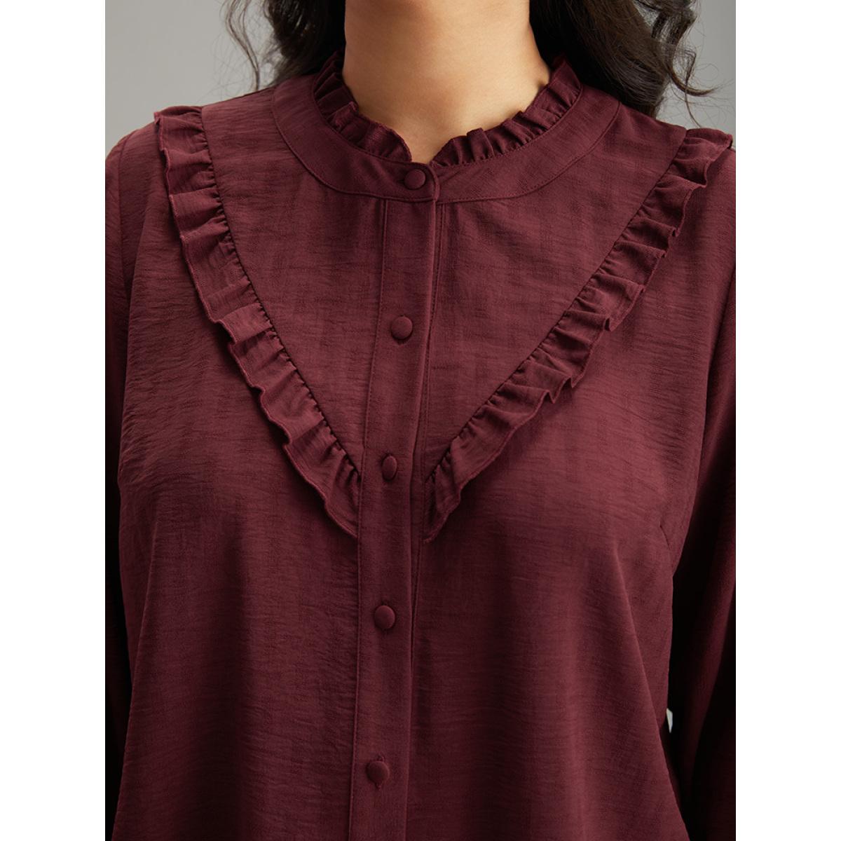 Plus Size Scarlet Stand Collar Solid Gathered Frill Trim Blouse Women Elegant Long Sleeve Stand-up collar Dailywear Blouses BloomChic 10/M Product Image