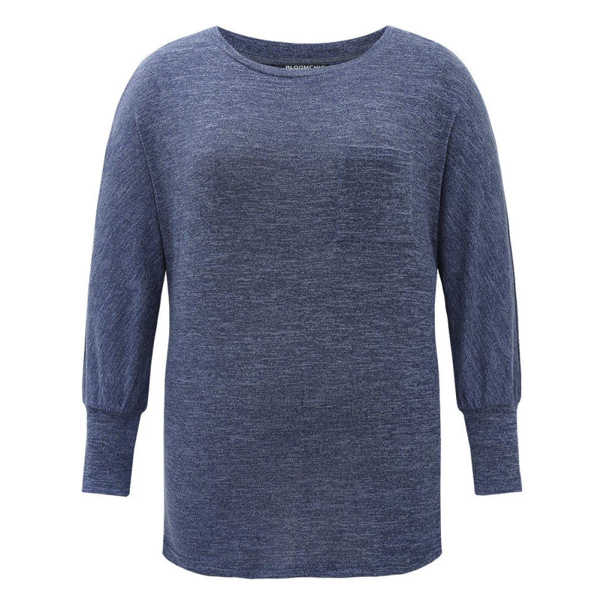 Plus Size Plain Heather Patched Pocket Dolman Sleeve T-shirt Blue Women Casual Plain Plain Round Neck Dailywear T-shirts BloomChic 10/M Product Image