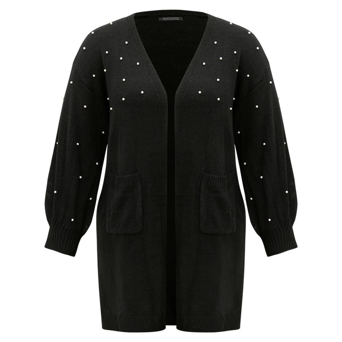 Plus Size Beaded Split Side Patched Pocket Cardigan Black Women Casual Loose Long Sleeve Everyday Cardigans BloomChic 28/5X Product Image