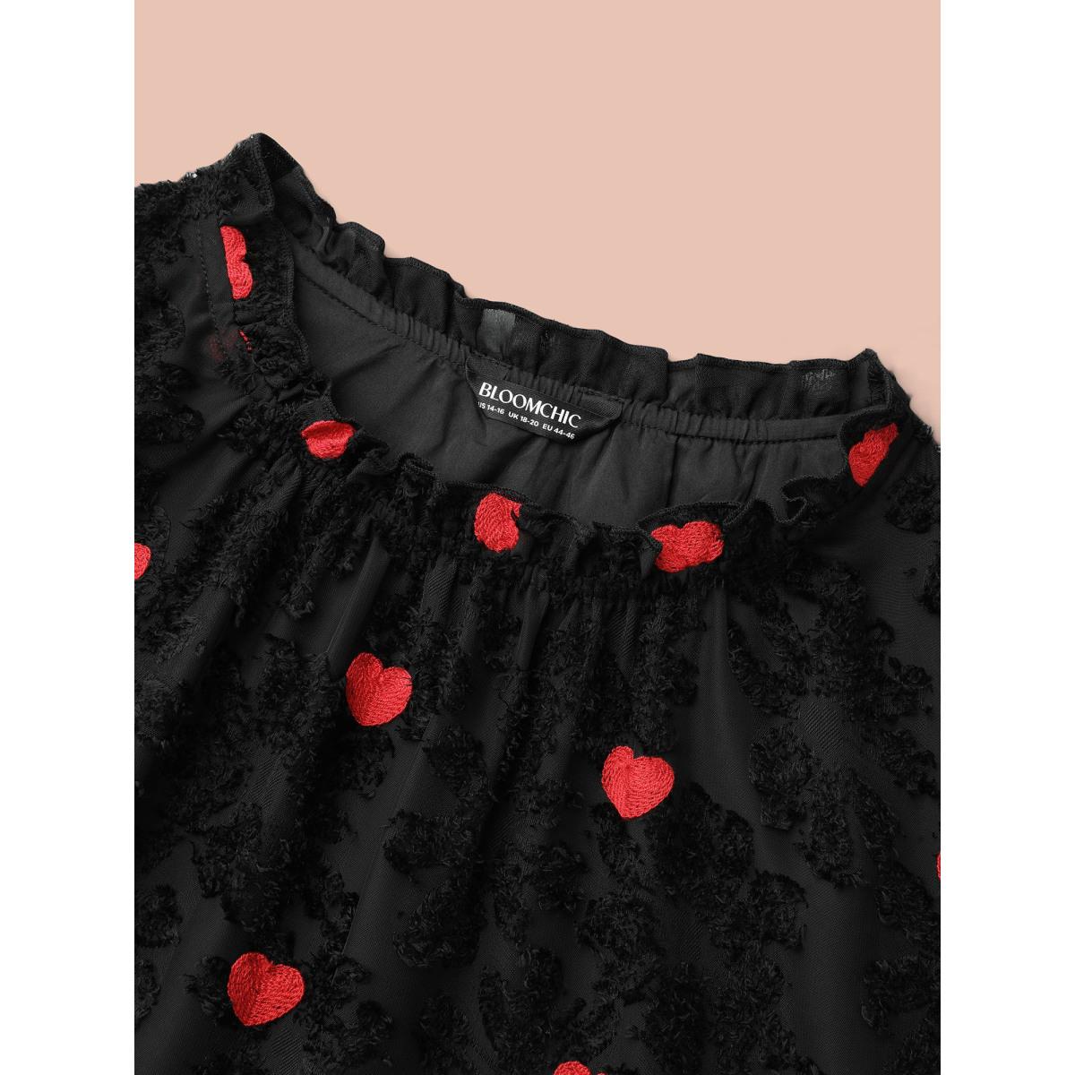 Plus Size Black Heart Jacquard Frill Trim Textured Blouse Women Elegant Short sleeve Mock Neck Everyday Blouses BloomChic 30/6X Product Image