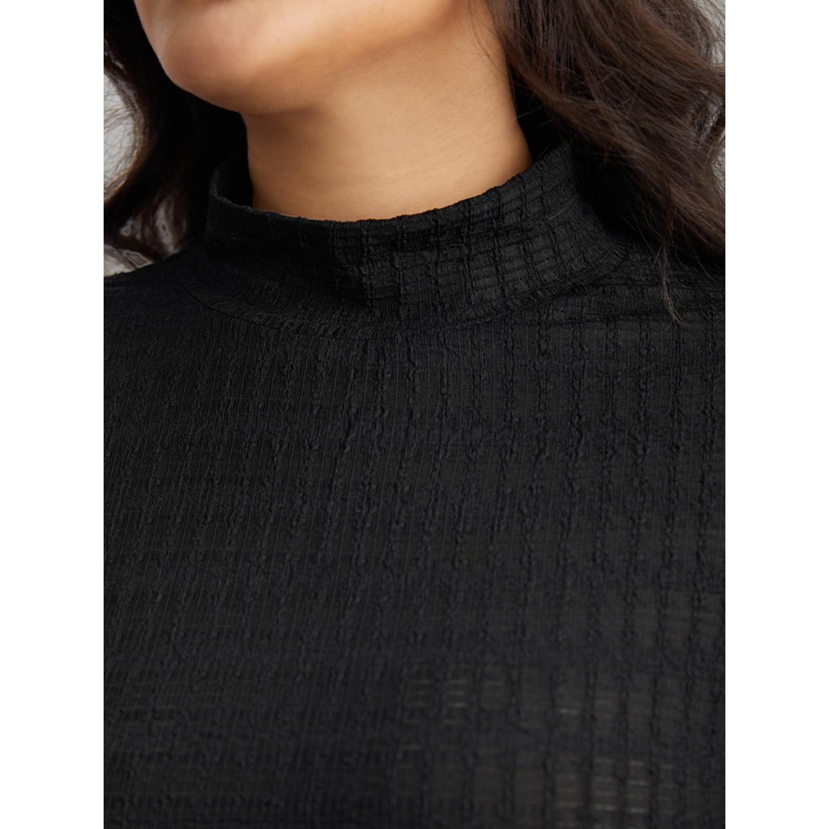 Plus Size Plain Texture Mock Neck T-shirt Black Women Elegant Texture Plain Mock Neck Dailywear T-shirts BloomChic 28/5X Product Image