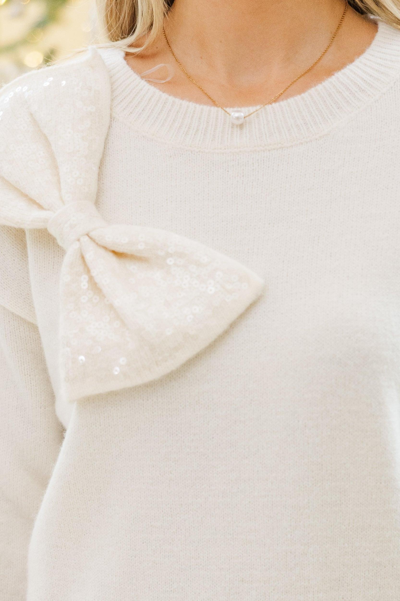 Be Seen Cream Sequin Bow Sweater Female Product Image