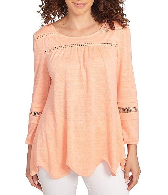 Ruby Rd. Petite Size Knit Scoop Neck 3/4 Bishop Sleeve Lace Trim Scallop Hem Top Product Image