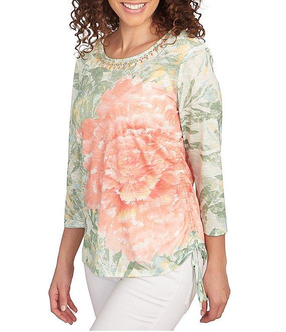 Ruby Rd. Knit Jersey Floral Beaded Embellished Crew Neck 3/4 Sleeve Ruched Side Detail Top Product Image