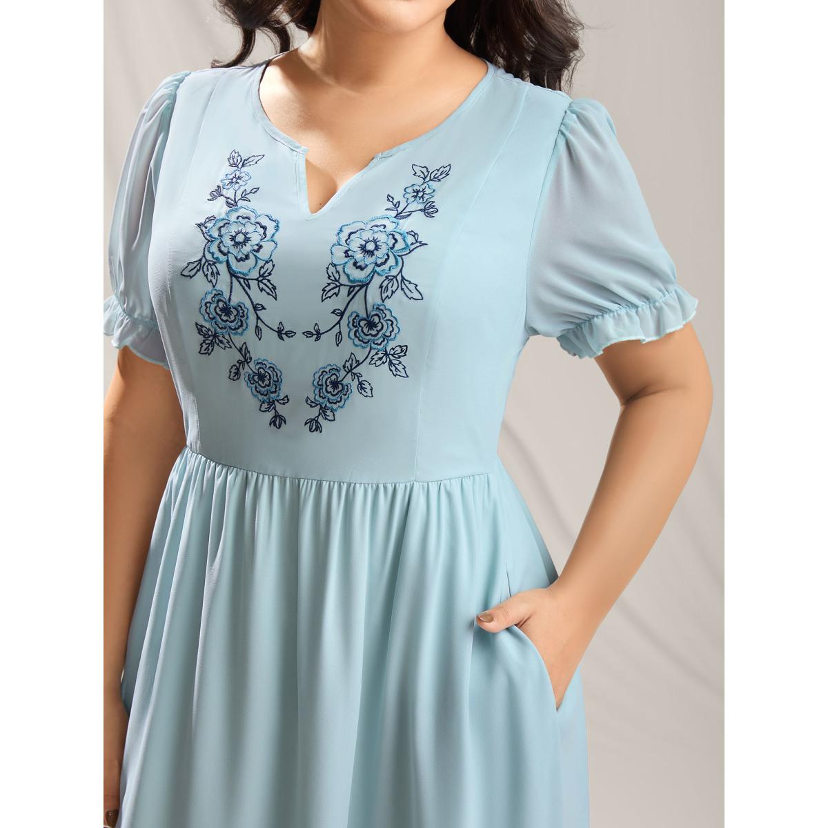 Plus Size Embroidered Sheer Chiffon Pockets Midi Dress LightBlue Women Notched collar Short sleeve Curvy BloomChic 22-24/3X Product Image