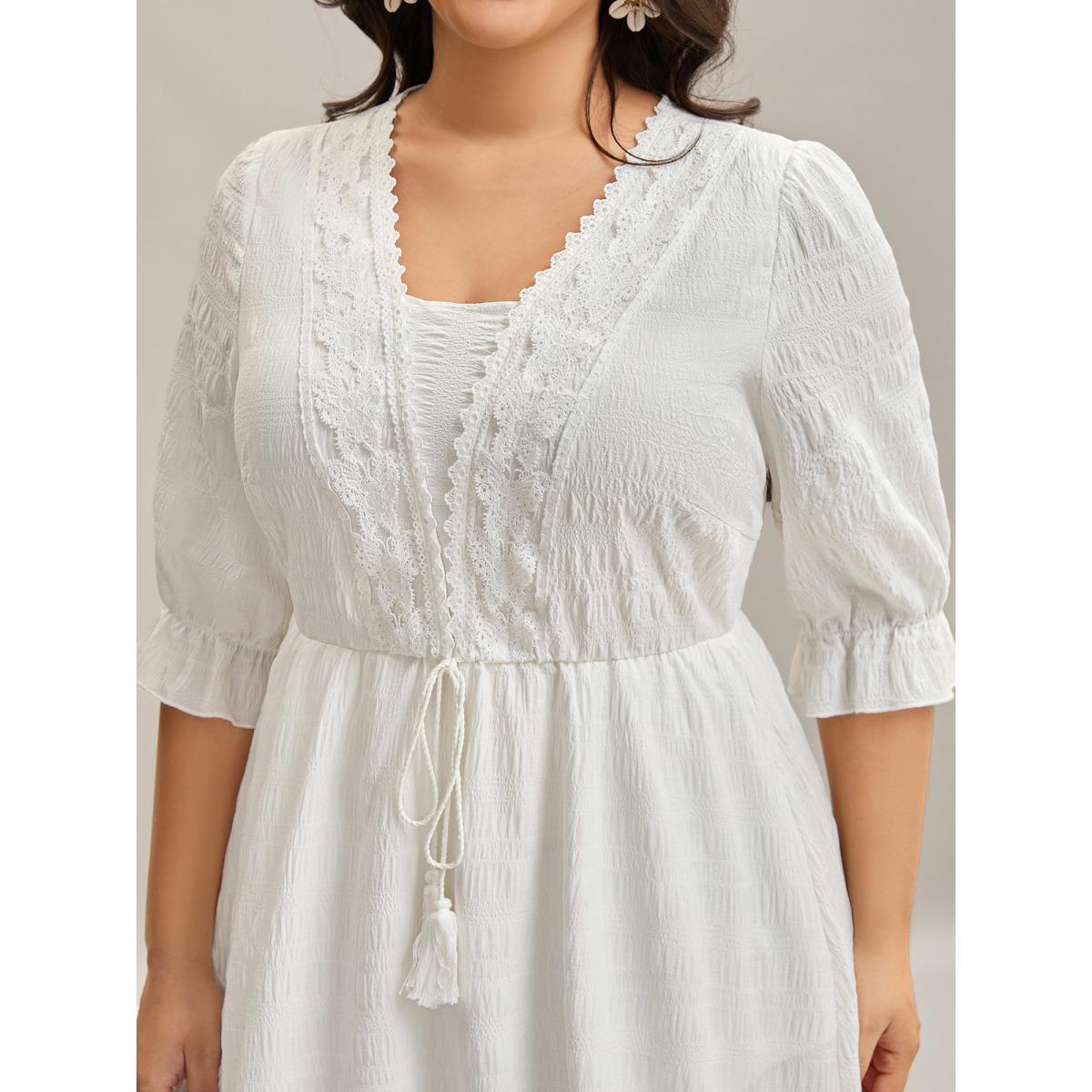 Plus Size Textured Lace Waist-Tie Midi Dress WhiteSmoke Women Tie knot Overlap Collar Elbow-length sleeve Curvy BloomChic 12/L Product Image