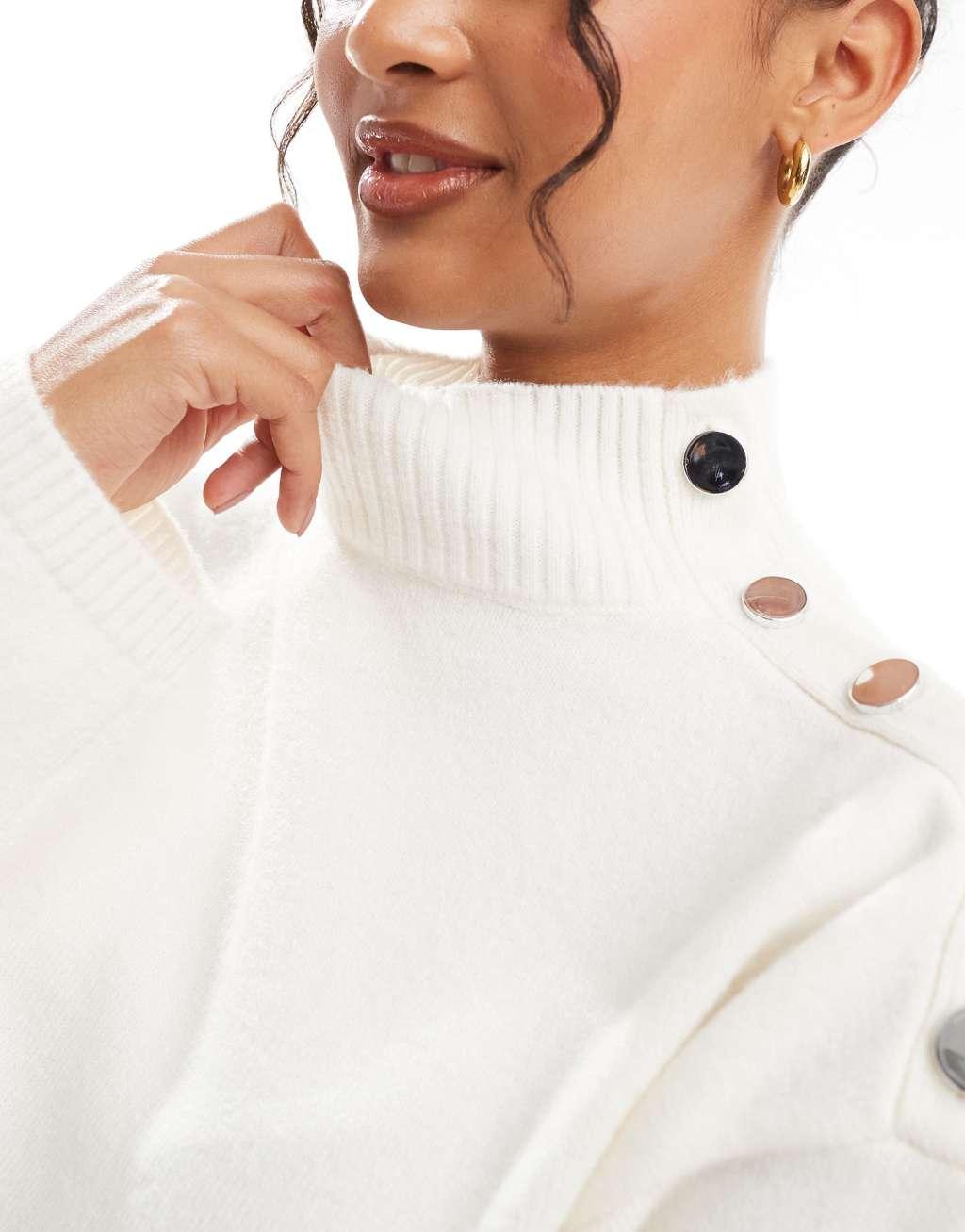 Bershka gold button detail high neck sweater in white Product Image
