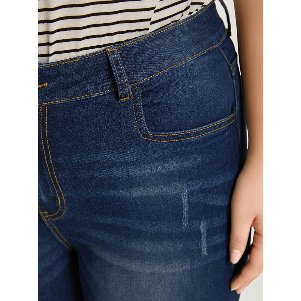 Plus Size Ripped Roll Hem Pocket Very Stretchy Jeans Women Indigo Casual Plain Plain High stretch Jeans BloomChic 10/M Product Image