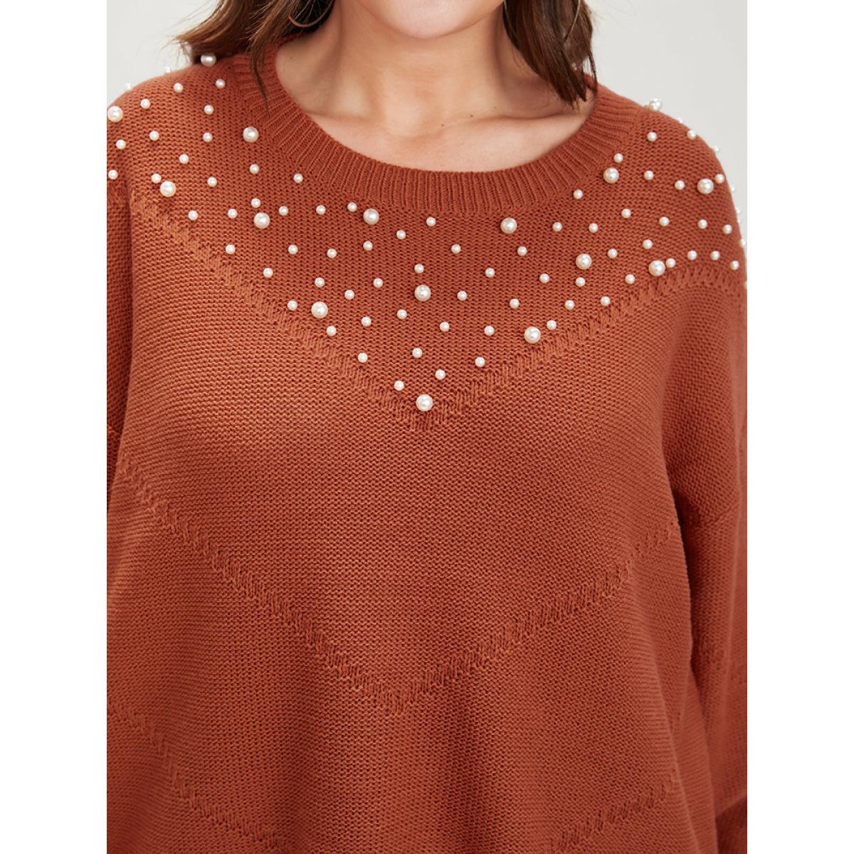 Plus Size Solid Pointelle Knit Pearls Beaded Knit Top Rust Women Casual Loose Long Sleeve Round Neck Dailywear Pullovers BloomChic 14-16/1X Product Image