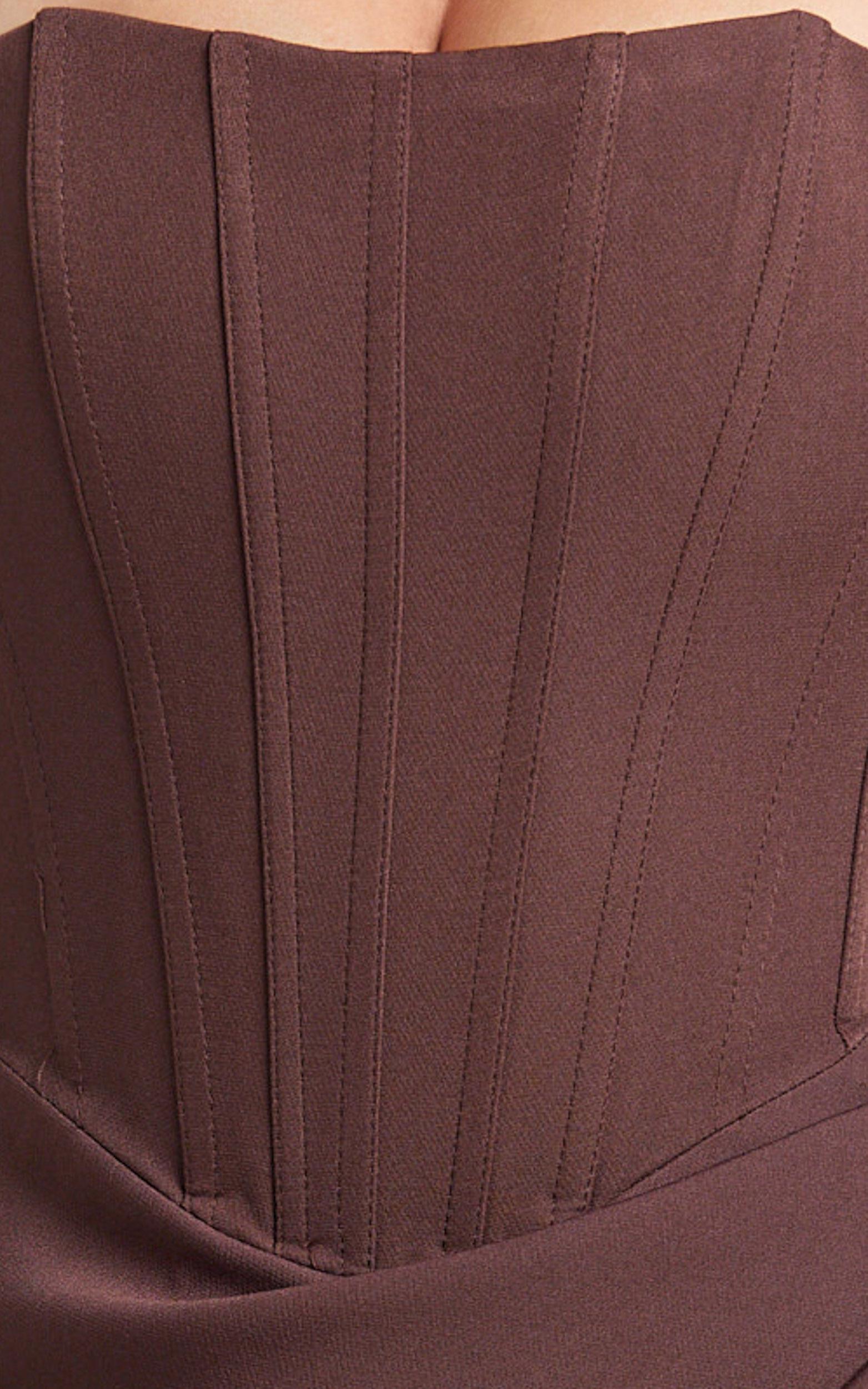 Avery Midi Dress - Strapless Draped Side Split Dress in Chocolate Product Image